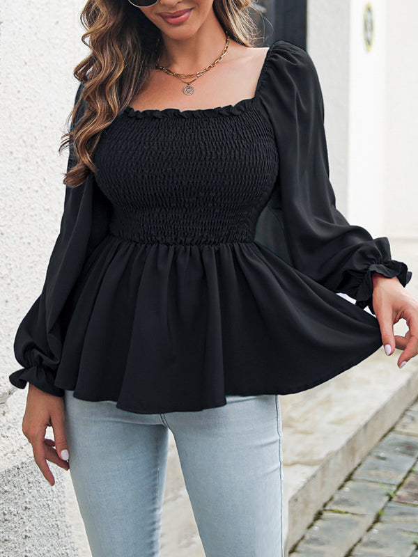 flowersverse Elasticity Pleated Solid Color Long Sleeves Puff Sleeves Square-Neck T-Shirts