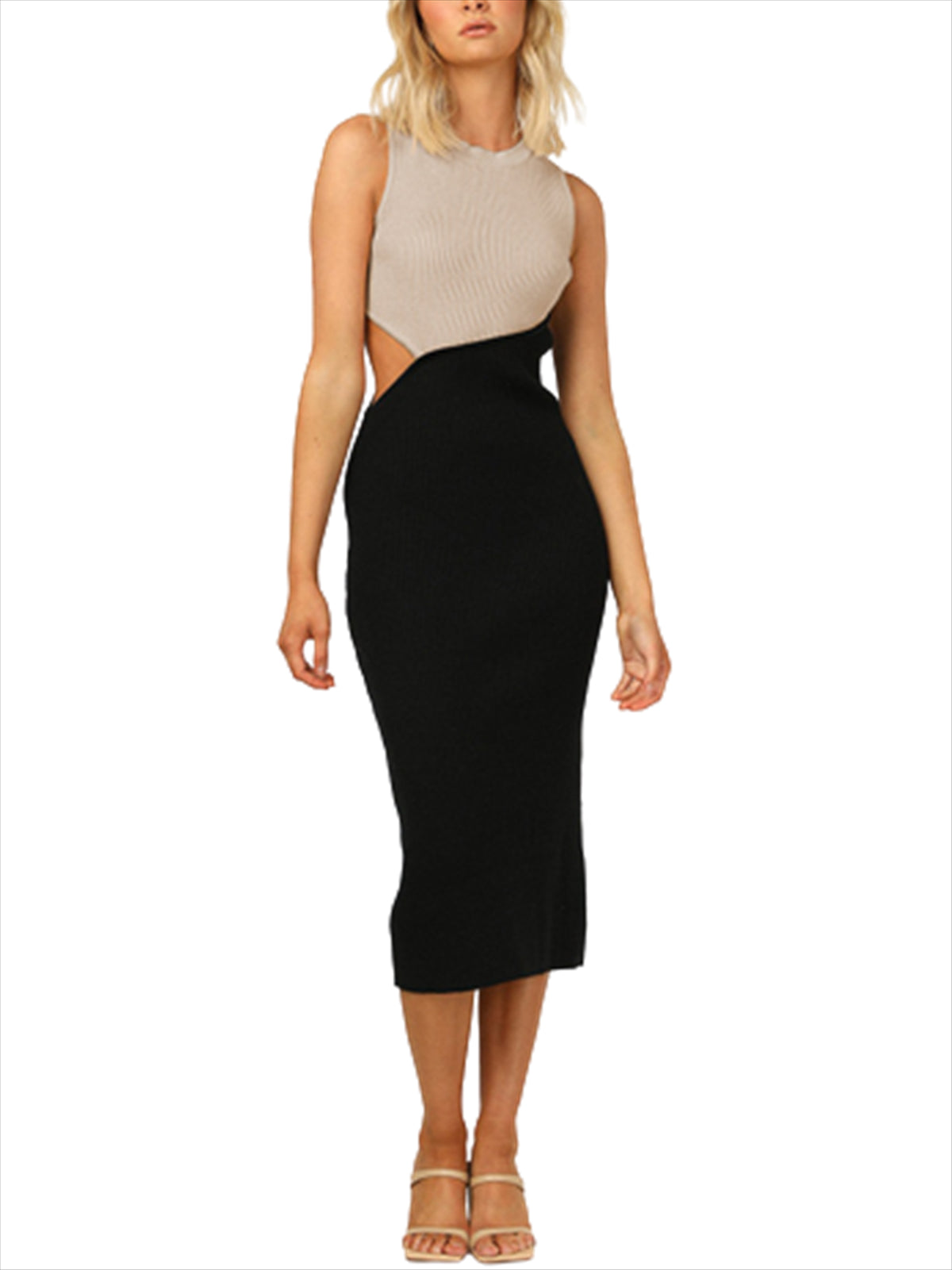 flowersverse Sleeveless Color Block Bodycon Midi Dresses