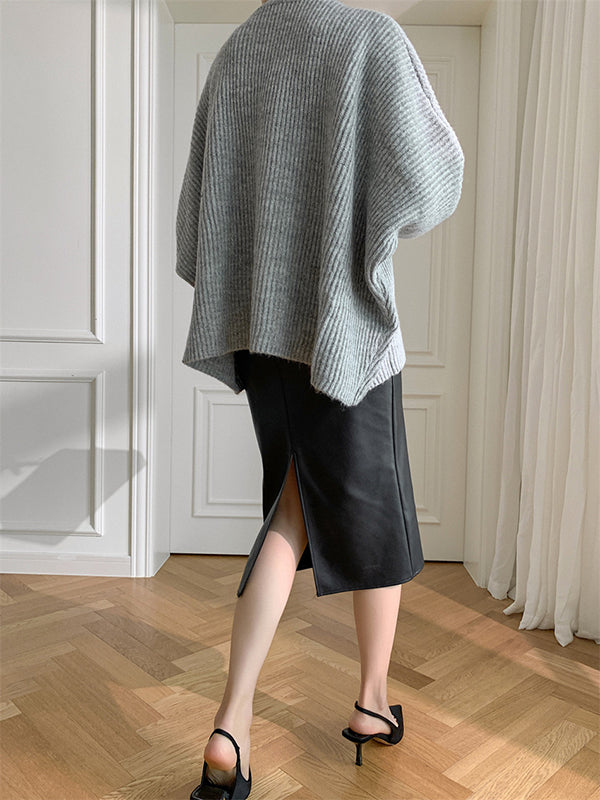flowersverse Irregularity Loose Solid Color Batwing Sleeves Round-Neck Sweater Tops