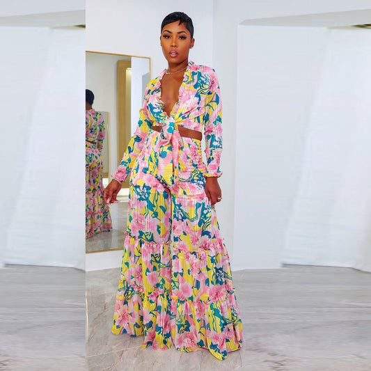 flowersverse Sexy Printed Pleated Long Sleeve Lace-Up Top Wide Leg Pants Plus Size Two-Piece Set