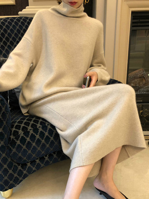 flowersverse Urban Loose Solid Color High-Neck Sweater Tops & Skirts Bottoms Suits