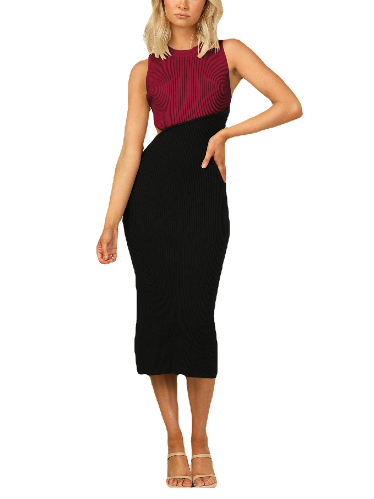 flowersverse Sleeveless Color Block Bodycon Midi Dresses