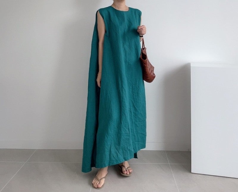flowersverse Loose Cotton Vest Dress New Round Neck Sleeveless Long Dress Linen