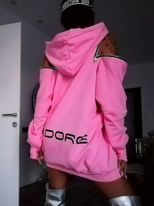 flowersverse Stylish Off-The-Shoulder Letter Print Loose Hoodies&Sweatshirts Tops
