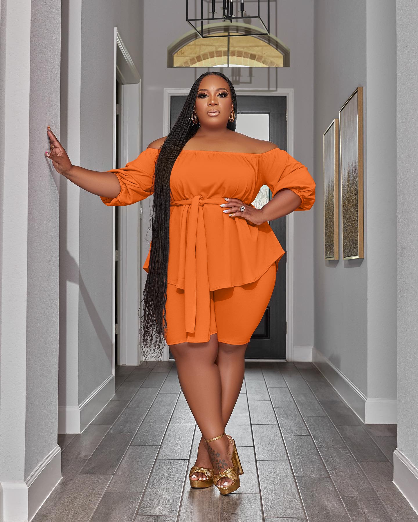 flowersverse Plus Size Women Off Shoulder Solid Top and Shorts Casual Two-Piece Set