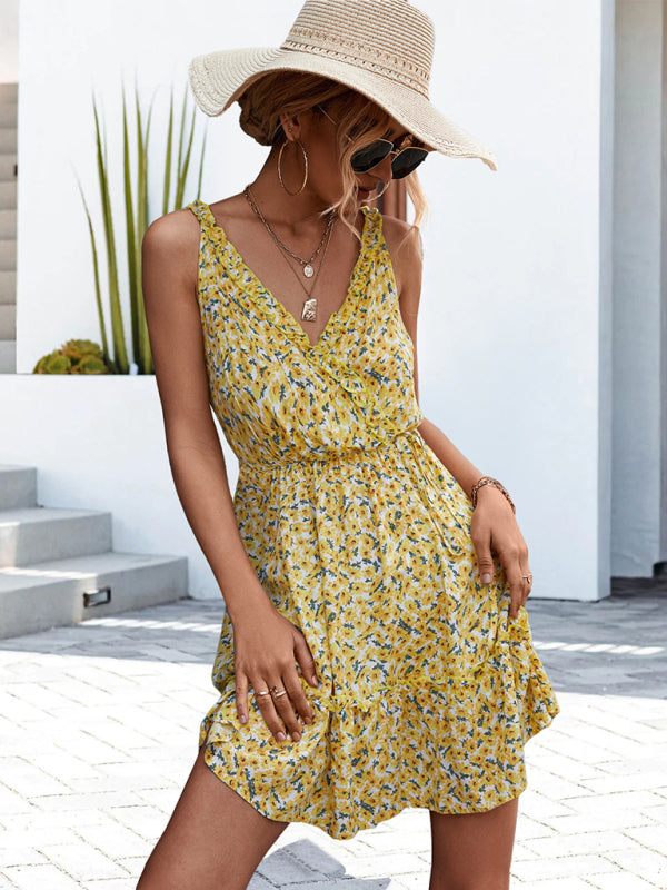 flowersverse V-neck Tie Ruffle Floral Suspender Dress