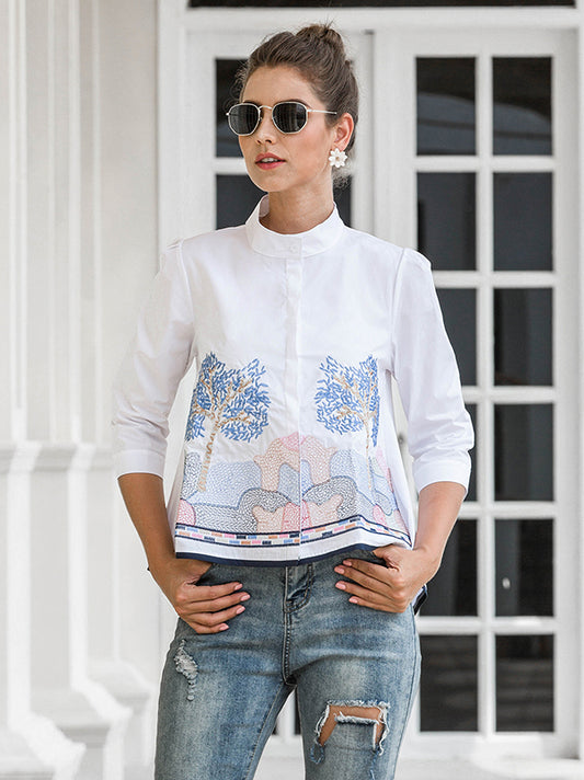flowersverse Casual Three-Quarter Sleeves Loose Embroidered Stand Collar Blouses&Shirts Tops