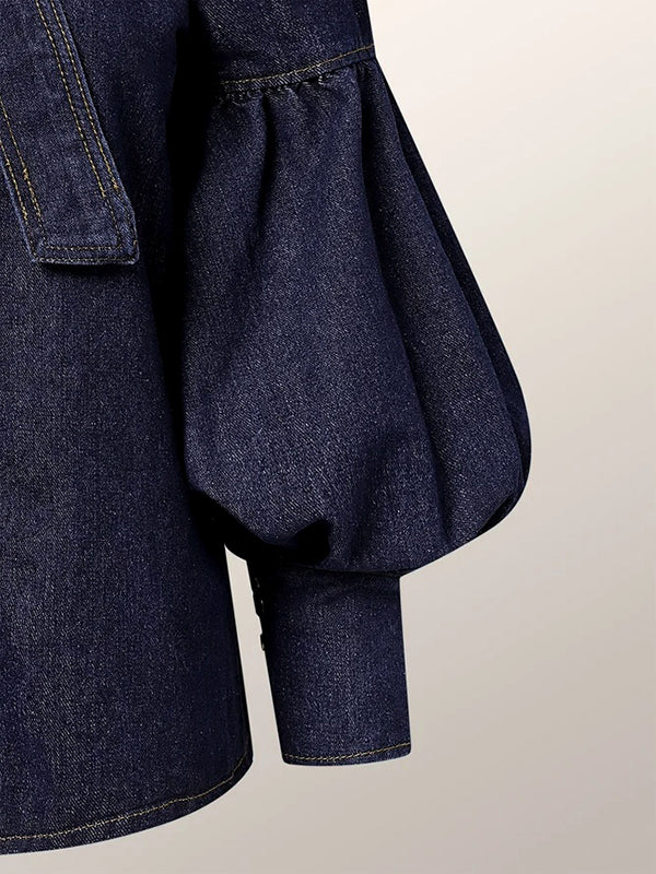 flowersverse Buttoned Split-Joint Tied Long Sleeves Puff Sleeves High Neck Denim Blouses&Shirts Tops