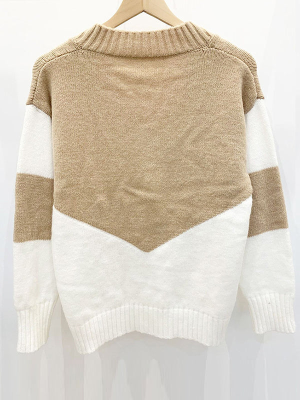 flowersverse Casual Long Sleeves Loose Contrast Color V-Neck Sweater Tops