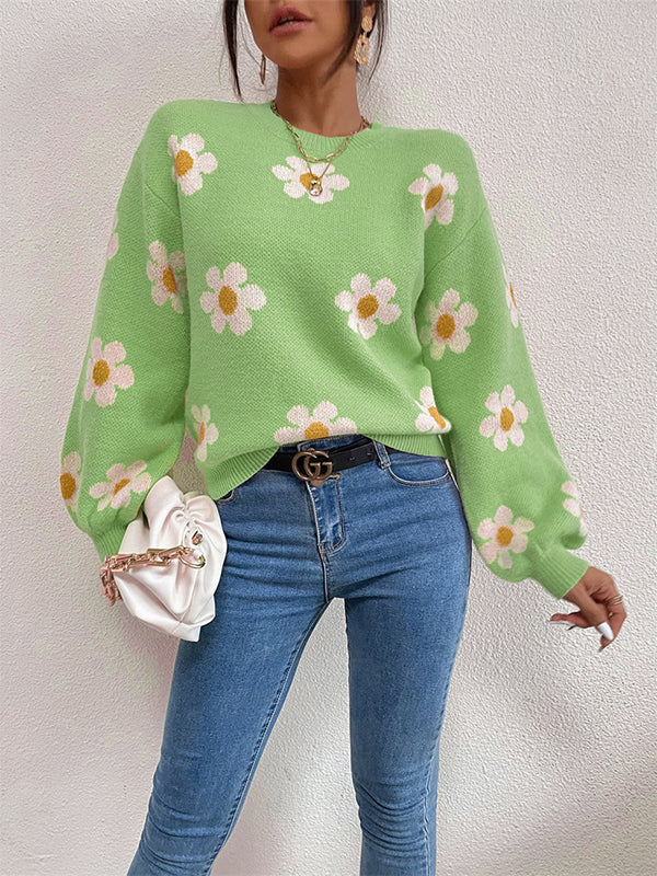 flowersverse Contrast Color Floral Printed Split-Joint Long Sleeves Loose Round-Neck Sweater Tops