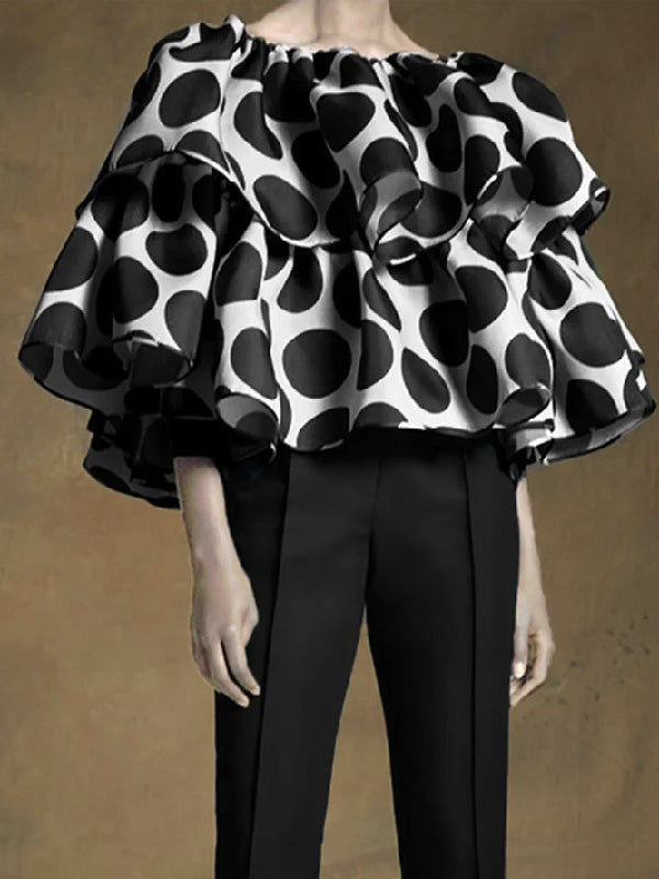 flowersverse Trendy Tops Loose Tiered Falbala Polka Dot Blouses&Shirts Tops