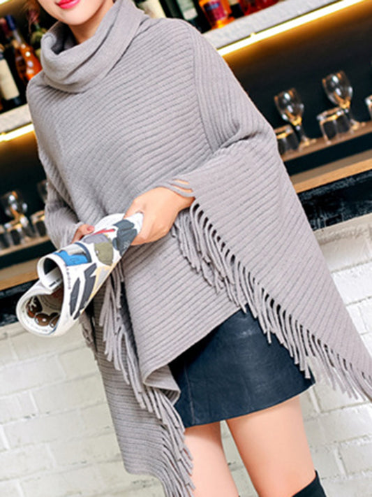 flowersverse Asymmetric Keep Warm Solid Color Tasseled Loose High Neck Shawl&Cloak Cape