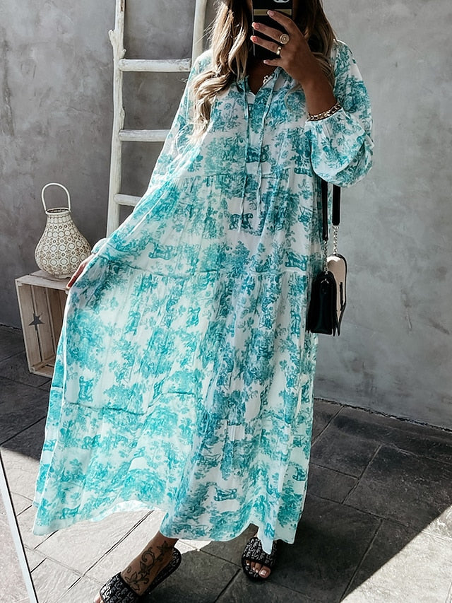 flowersverse Women's Long Dress Maxi Dress Casual Dress Swing Dress Print Dress Floral Fashion Casual Outdoor Daily Vacation Ruffle Print Long Sleeve Shirt Collar Dress Loose Fit Pink Red Blue Fall Spring S M L XL