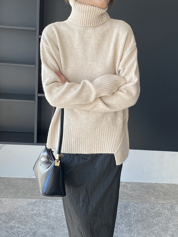 flowersverse Simple High-Low Loose Solid Color High-Neck Sweater Tops