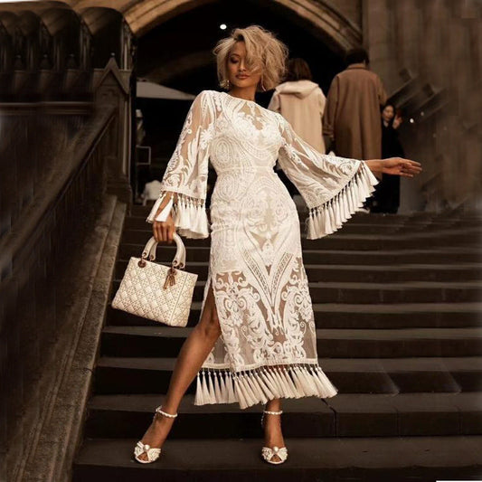 flowersverse Women's Banquet Basic Model Party Evening Dress Lace Embroidery Tassel Two-piece Set