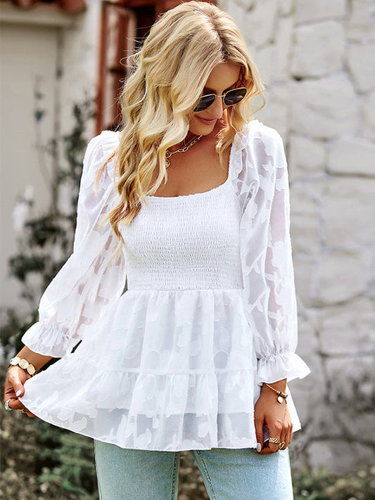 flowersverse Casual Loose Long Sleeves Ruched Blouses&Shirts Tops