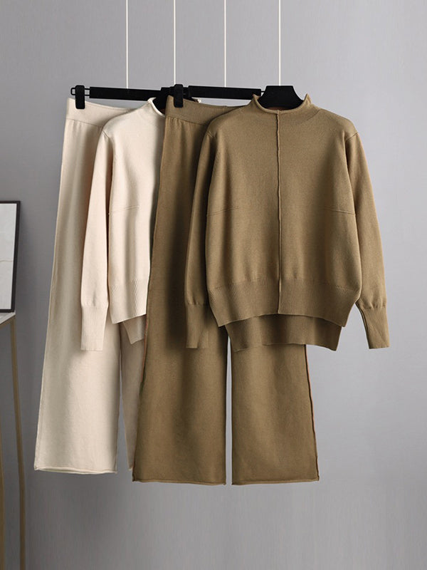 flowersverse Stylish High-Low Long Sleeves Split-Side Solid Half Turtleneck Sweater Tops & Wide Leg Pants Two Pieces Set