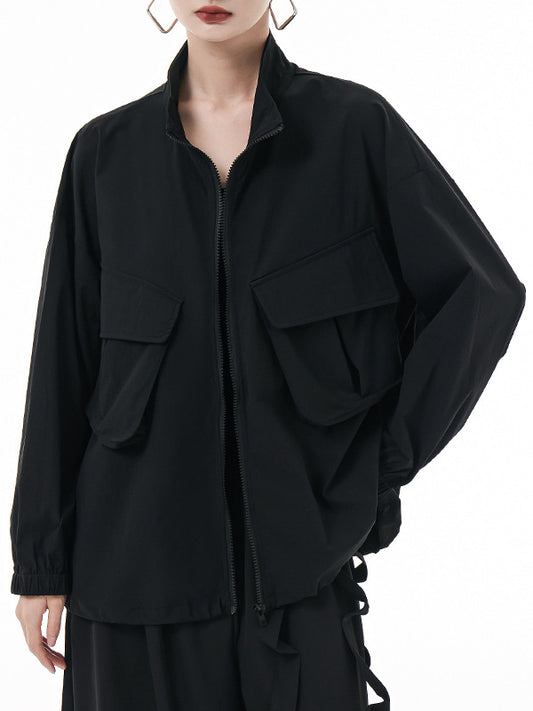flowersverse Elasticity Pockets Solid Color Zipper Long Sleeves Loose Outerwear Jackets