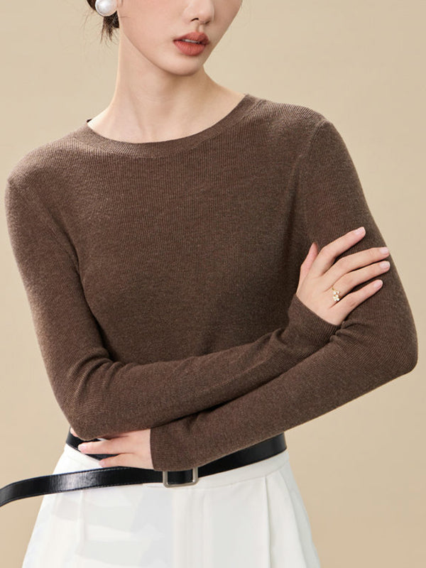 flowersverse Solid Color Long Sleeves Skinny Round-Neck Sweater Tops Pullovers Knitwear