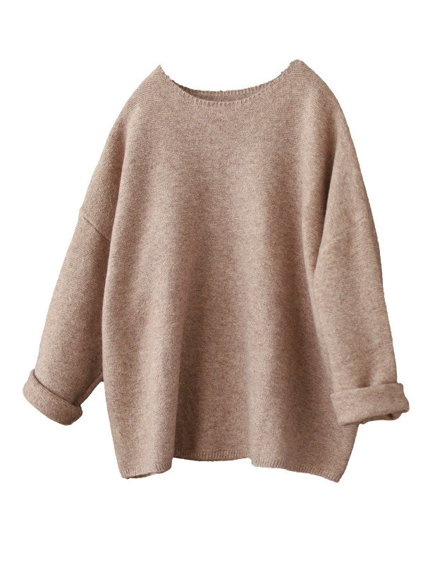 flowersverse Simple Long Sleeves Loose Solid Color Round-Neck Sweater Tops