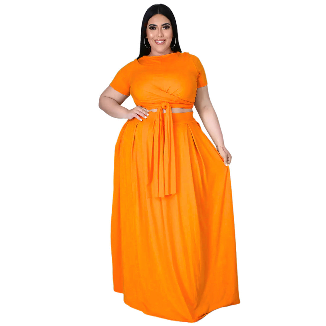 flowersverse Lady Fashion Plus Size Women Solid Color Cross Lace-up Large Swing Two-piece Skirt