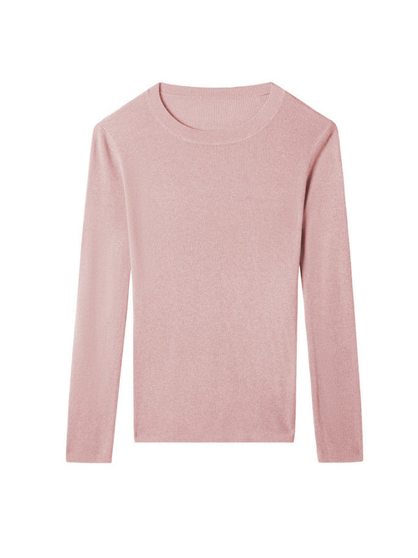 flowersverse Solid Color Long Sleeves Skinny Round-Neck Sweater Tops Pullovers Knitwear