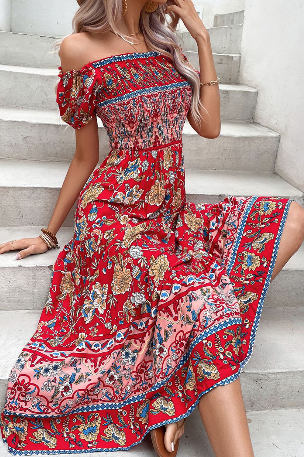flowersverse Spartan Princess Floral Off-Shoulder Smocked Midi Dress