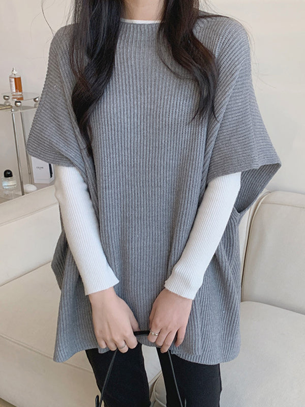 flowersverse Casual Loose Short Sleeves Solid Color Round-Neck Sweater Tops Vest Top