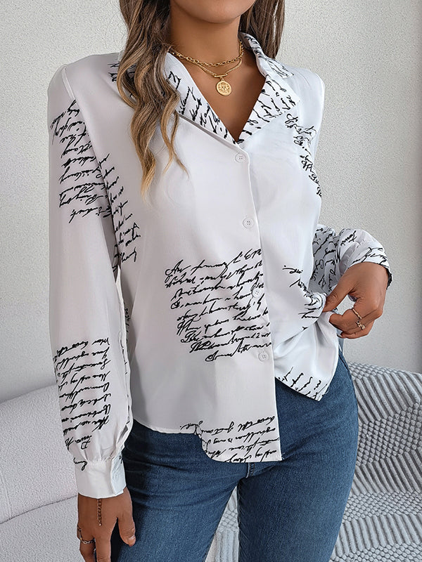 flowersverse Buttoned Letter Print Long Sleeves Loose Notched Collar Blouses&Shirts Tops
