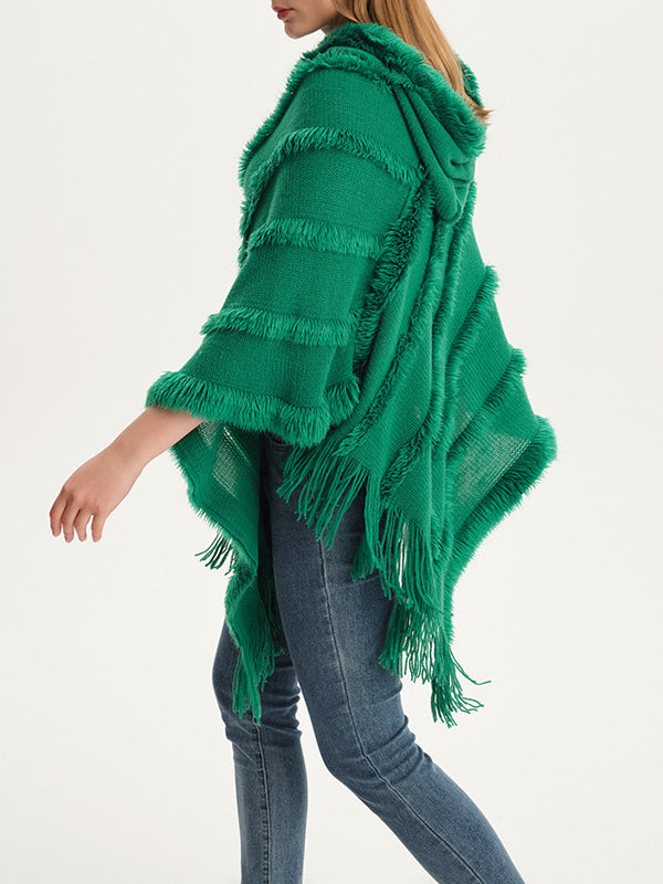 flowersverse Hooded Keep Warm Solid Color Tasseled Shawl&Cloak Cape