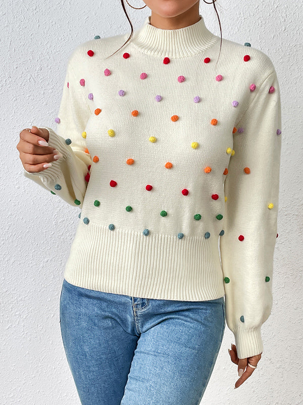 flowersverse Pompom Triming Long Sleeves Loose Round-Neck Sweater Tops Pullovers Knitwear