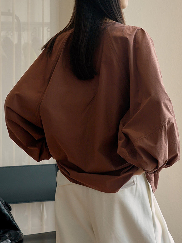 flowersverse Buttoned Elasticity Pleated Solid Color Bishop Sleeve Long Sleeves Round-Neck Blouses&Shirts Tops