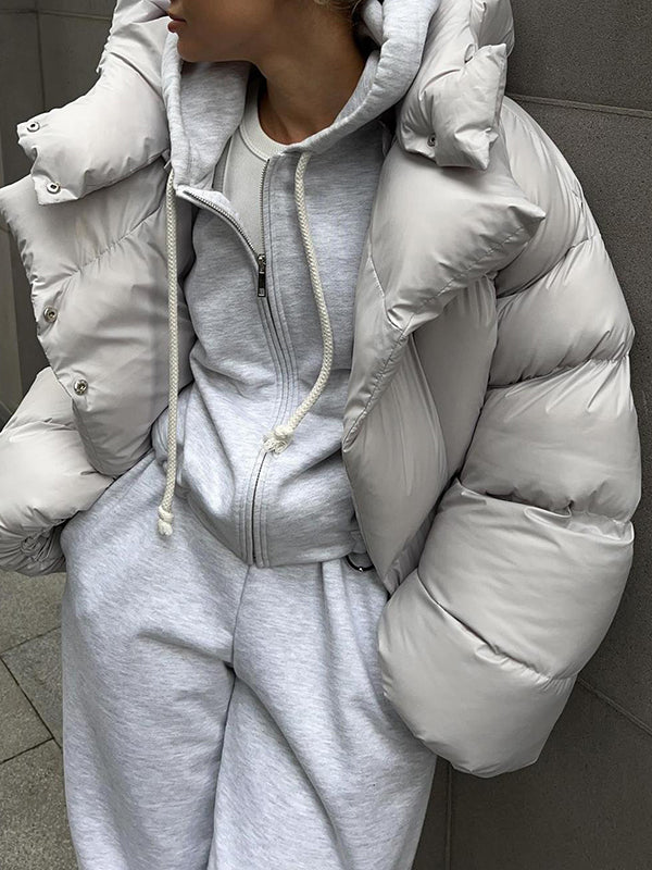 flowersverse Long Sleeves Loose Solid Color Split-Joint Hooded Padded Coat