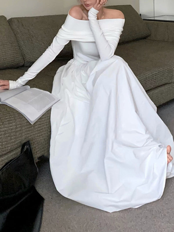 flowersverse Long Sleeves Pleated Solid Color Split-Joint Off-The-Shoulder Maxi Dresses