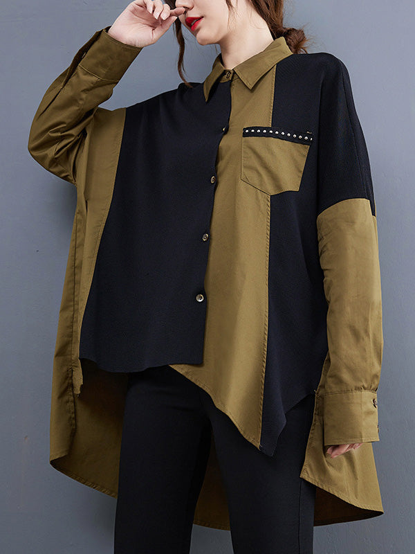 flowersverse Artistic Retro Loose Split-Joint With Pocket Buttoned Lapel Collar Long Sleeves False Two Blouse