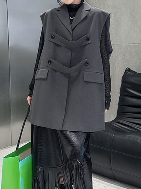 flowersverse Buttoned Pockets Split-Side Loose Sleeveless Notched Collar Vest Outerwear