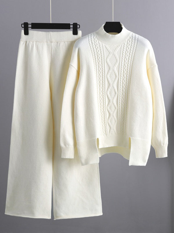 flowersverse Urban Loose Split-Side Half Turtleneck Sweater Tops& Wide Leg Pants Two Pieces Set