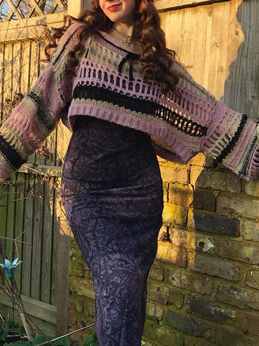 flowersverse Drawstring Hollow Split-Joint Long Sleeves Loose Round-Neck Sweater Tops