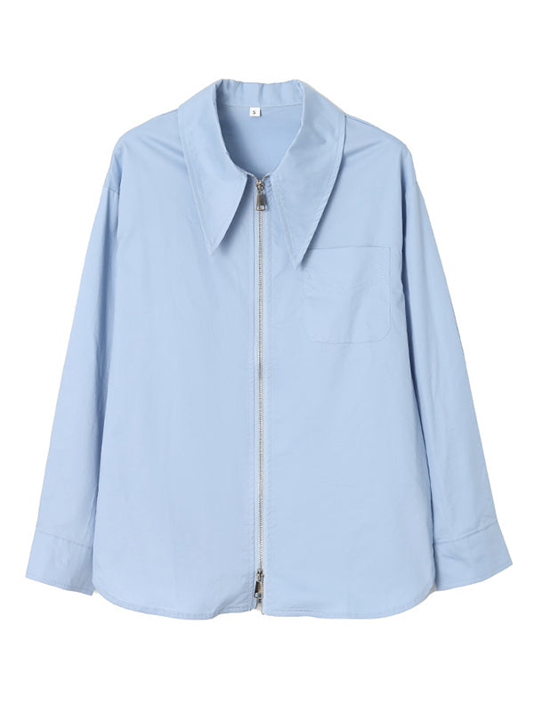 flowersverse Fashion Long Sleeves Solid Color Zipper Lapel Collar Blouses