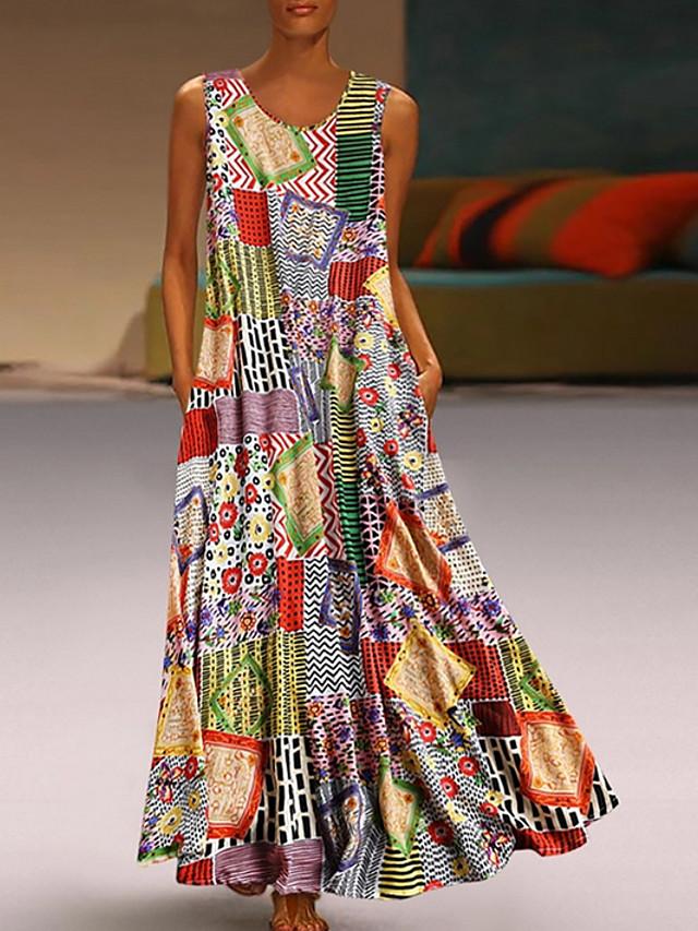 flowersverse Women's A-Line Dress Maxi Long Dress Sleeveless Tribal Print Summer Hot Casual Mumu Khaki M