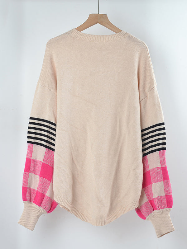 flowersverse Casual Long Sleeves Loose Checkered Round-Neck Sweater Tops