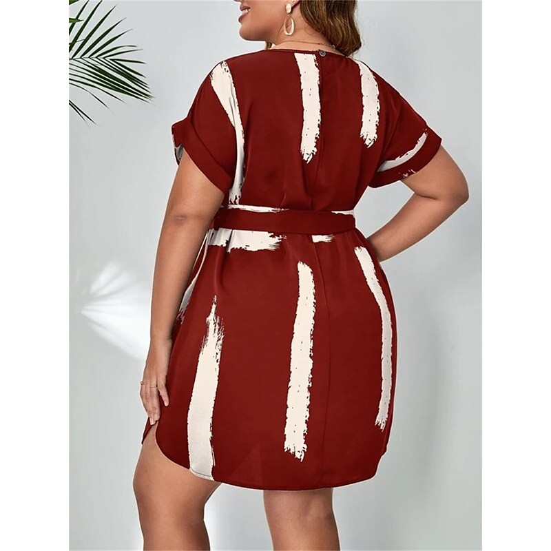 flowersverse Women's Plus Size Casual Dress Color Block Midi Dress Short Sleeve Lace up Print Crew Neck Fashion Outdoor Wine Summer Spring L XL XXL 3XL 4XL