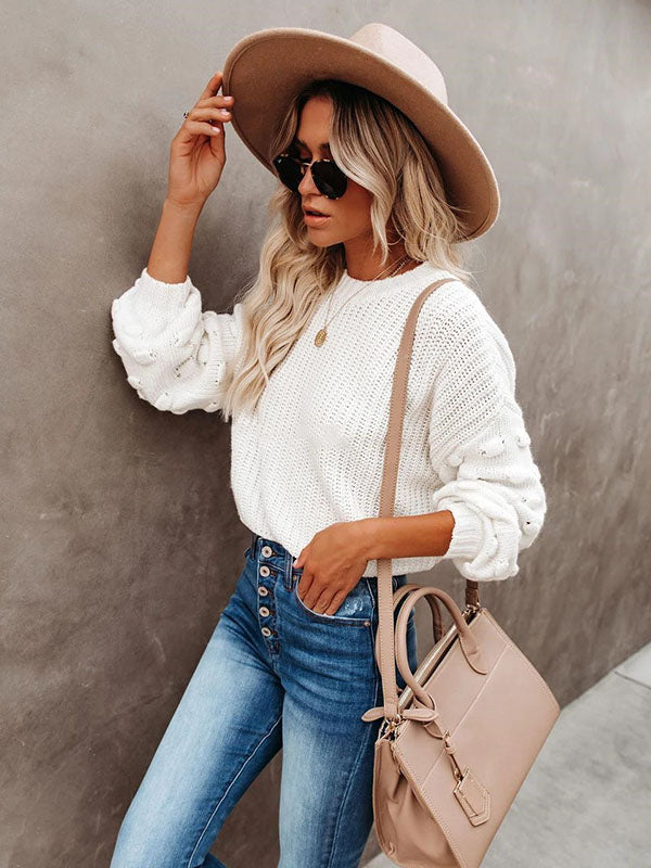 flowersverse Trendy Tops Puff Sleeves Loose Solid Color Round-Neck Sweater Tops