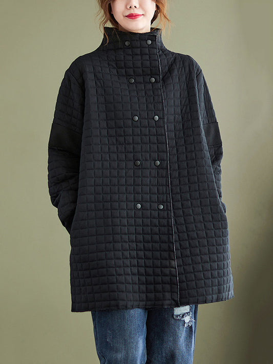 flowersverse Casual Loose Buttoned Stand Collar Long Sleeves Padded Coat