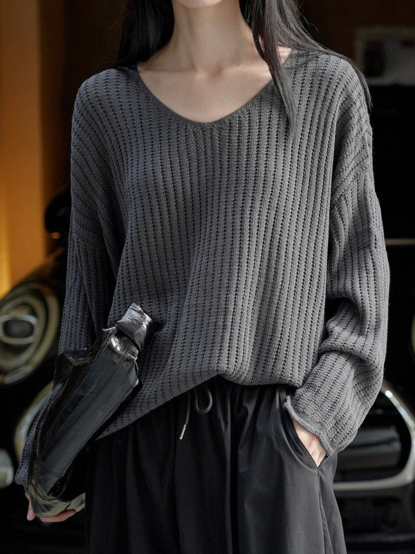 flowersverse Solid Color Long Sleeves Loose V-Neck Sweater Tops Pullovers