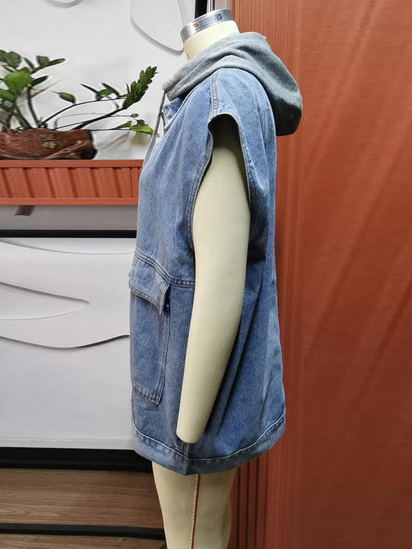 flowersverse Buttoned Detachable Hooded Pockets Split-Joint Loose Sleeveless Lapel Collar Vest Outerwear