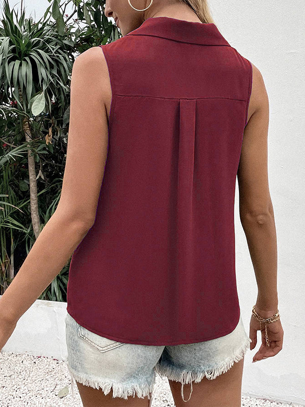 flowersverse Buttoned Solid Color Split-Joint Loose Sleeveless V-neck Vest Top