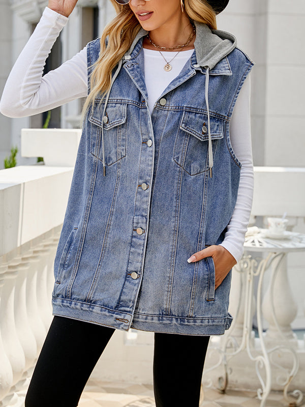 flowersverse Buttoned Detachable Drawstring Hooded Pockets Split-Joint Loose Sleeveless Polo Vest Outerwear