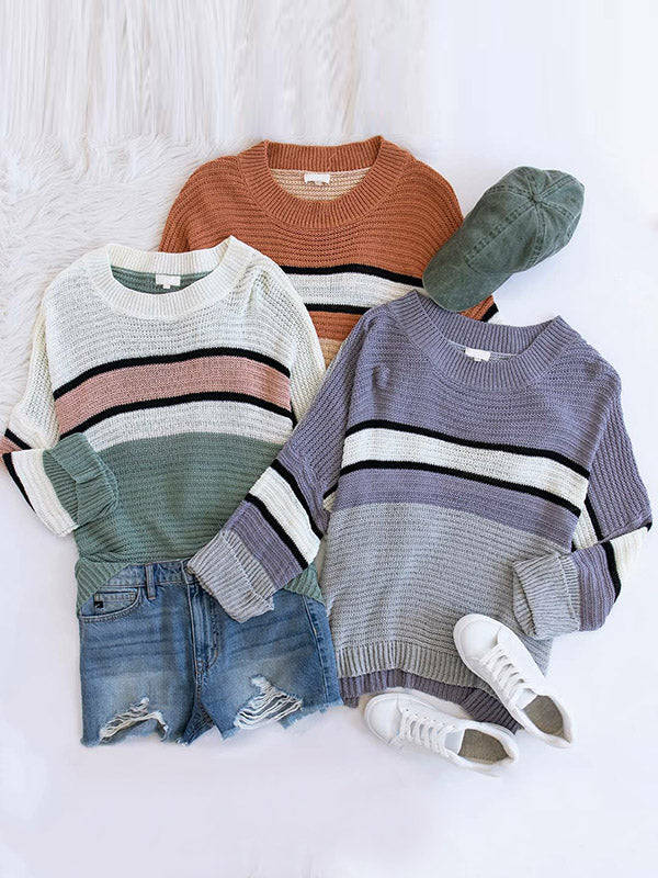 flowersverse Casual Loose Contrast Color Striped Round-Neck Sweater Tops