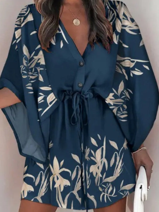 flowersverse Original Loose Floral Printed Contrast Color Tied Buttoned Mini Shirt Dress